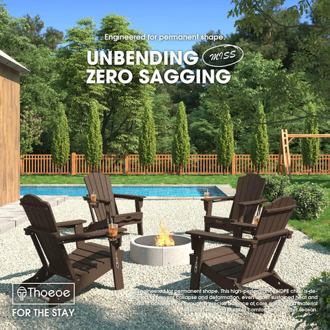 Set Of 2 Folding Adirondack Chairs With Cup Holder HDPE Wood Grain Finish All Weather Outdoor Patio Chairs by a fire pit