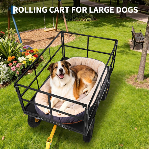 Dog in the Workhorse 1500 Lb Folding Garden Wagon Cart With 3 In 1 Outdoor Utility Trailer on a sunny lawn
