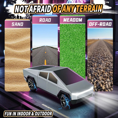 All Terrain 2.4GHz RC Truck for Kids against sand, road, meadow, off-road surfaces, showcasing high grip tires and rugged design.
