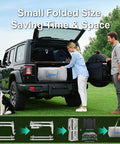 Total Game Changer Off Grid Solar Kit Packing 2200 Watt Inverter With 20A PWM Controller And Foldable Battery Rack shown in a vehicle trunk.