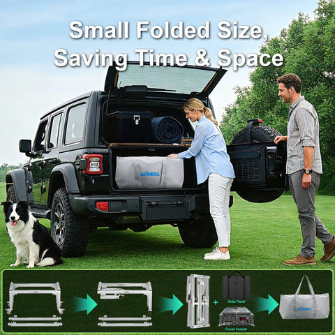 Total Game Changer Off Grid Solar Kit Packing 2200 Watt Inverter With 20A PWM Controller And Foldable Battery Rack shown in a vehicle trunk.