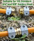 Four Pack Hose Repair Kit For Garden And Water Hoses, Heavy Duty Aluminum Fittings With Zinc Alloy Clamps, Fits 3/4 Inch And 5/8 Inch Hoses, Leak-Proof Connectors And Menders shown in use on garden hose