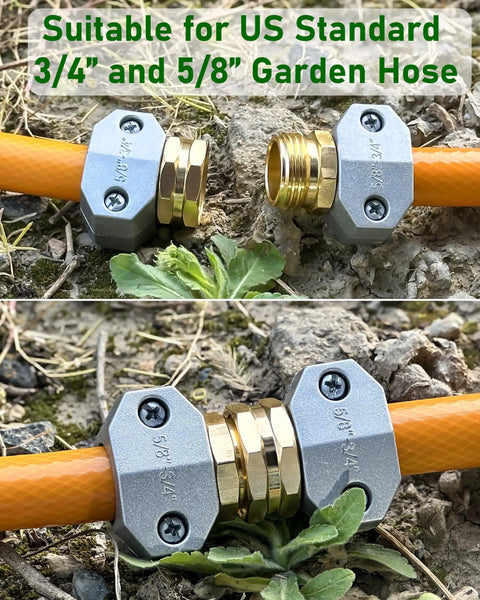Four Pack Hose Repair Kit For Garden And Water Hoses, Heavy Duty Aluminum Fittings With Zinc Alloy Clamps, Fits 3/4 Inch And 5/8 Inch Hoses, Leak-Proof Connectors And Menders shown in use on garden hose