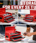 Mini Toolbox With Two Drawers And Top Storage In Durable Steel Smooth Glide Ball Bearing Slides Portable Tool Box Organizer For Garage Workshop School Or Office Use In Red shown in a garage, bench, and jobsite setting.