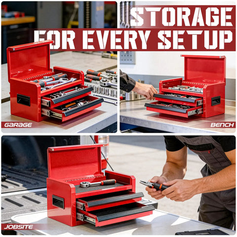 Mini Toolbox With Two Drawers And Top Storage In Durable Steel Smooth Glide Ball Bearing Slides Portable Tool Box Organizer For Garage Workshop School Or Office Use In Red shown in a garage, bench, and jobsite setting.
