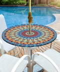 Round Outdoor Tablecloth With Umbrella Hole Waterproof Oilproof Fitted Elastic Zippered Cover For Patio Garden Picnic Camping Blue 48 Inches Round Table Protector That Stays Put No Fuss over white patio chairs.