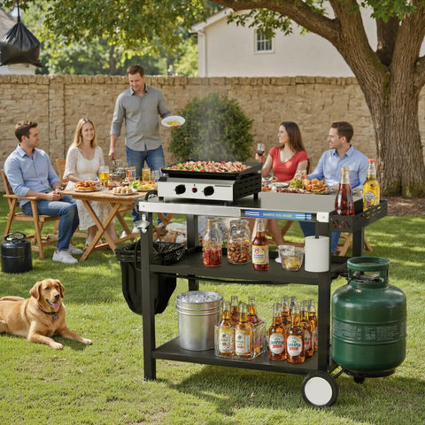 Outdoor Stainless Steel Grill Table 34 Inch Long By 20 Inch Wide With Magnetic Tool Holder Wheels Hooks Side Tray And Handle For Outdoor Cooking Pizza Oven Stand Cart in a backyard setting