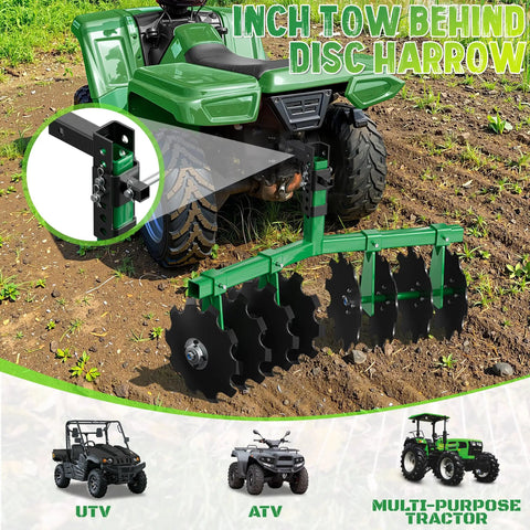Tow Behind Disc Harrow Attachment For ATVs And UTVs With 12-Inch Steel Discs, 2-Inch Receiver Hitch, Adjustable Height, Green