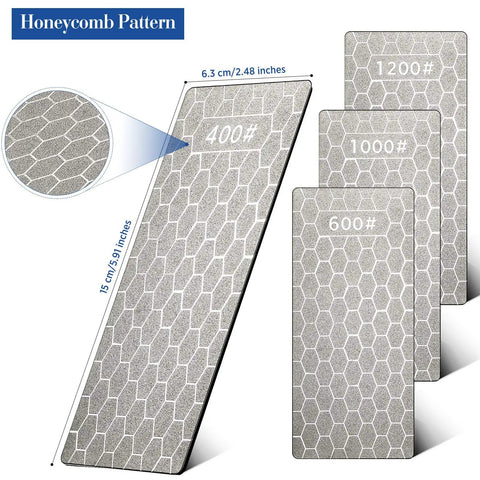 Four Pieces Diamond Sharpening Stone Grit Diamond Plate Honing Stone For Kitchen Sharpening Dull Edges Get Your Edge Back 5.9 By 2.48 Inches With 400 600 1000 And 1200 Grits showing four gray stones with grit labels and honeycomb surface pattern