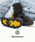 Badass Glacier Trekking Boots with Sweet Anti Slip Traction Spikes for Nasty Ice and Snow Waterproof Windproof 500 Denier Nylon Upper 32 Replaceable Cleats Keep Your Feet Safe from Slips on Gnarly Winter Surfaces Black Size 11 Includes Wrench - close-up of bottom showing spiked sole.