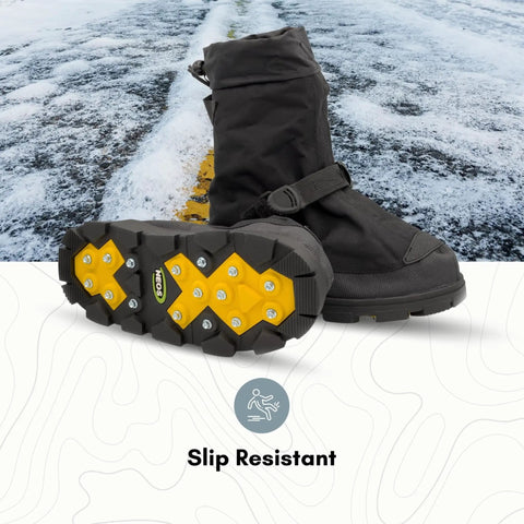 Badass Glacier Trekking Boots with Sweet Anti Slip Traction Spikes for Nasty Ice and Snow Waterproof Windproof 500 Denier Nylon Upper 32 Replaceable Cleats Keep Your Feet Safe from Slips on Gnarly Winter Surfaces Black Size 11 Includes Wrench - close-up of bottom showing spiked sole.