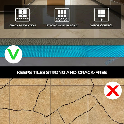 Heavy Duty Waterproof Uncoupling Membrane Roll Built Different For Tile Floors With One Eighth Inch Anti Fracture Guard And Three Hundred Twenty Three Square Foot Spread For Zero Hassle Setup Every Time, showing crack prevention and mortar bond.