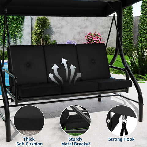 Three Seat Outdoor Patio Swing With Adjustable Canopy And Backrest Cozy Cushioned Porch Swing For Backyard Garden And Poolside Hangouts Heavy Duty 750 Lbs Capacity Black shown from the front showcasing cushions and metal frame.