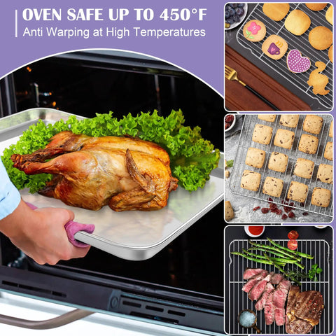 Large Stainless Steel Baking Sheet With Wire Rack Set 20x14 Inch 2 Pans And 2 Racks with cooked poultry, cookies, and vegetables
