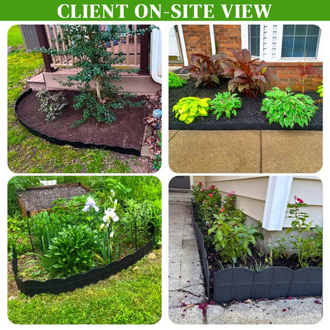 Garden landscapes using 20 Ft Black Garden Edging Border Set with 20 Stakes 7.8 Inch High for flower beds and lawn borders.