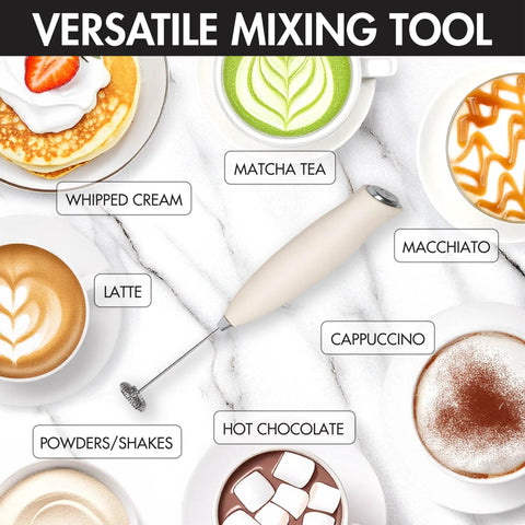 Powerful Handheld Milk Frother For Lattes And Cappuccinos Battery Powered Mini Drink Mixer Perfect For Home Barista Use Creamy Foam In Seconds Great For Matcha And More with various drinks