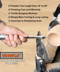VINWOX 9-pc carbide wood lathe turning tool set with aluminum handles; side view turning a wooden bowl.