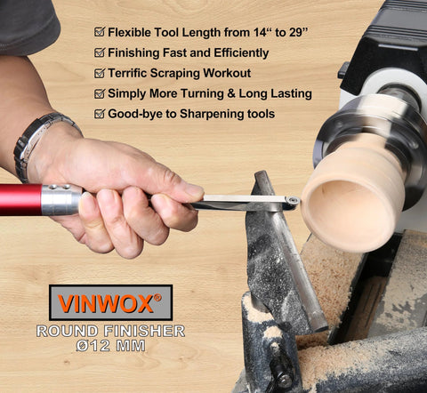 VINWOX 9-pc carbide wood lathe turning tool set with aluminum handles; side view turning a wooden bowl.