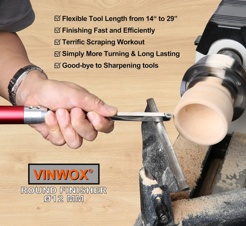 Person using VINWOX Round Finisher to shape wood on a lathe, text highlighting tool features visible on image.
