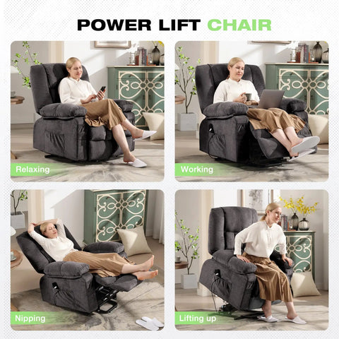 Senior woman using Power Lift Recliner With Massage And Heat For Seniors, Electric Lift Chair With USB Charging in grey living room