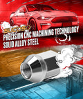 Illustration of a chrome lug nut with a car in the background, highlighting solid alloy steel and precision CNC machining technology.