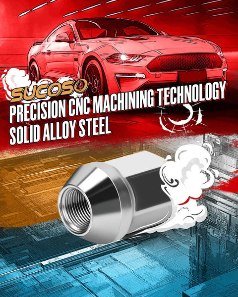 Illustration of a chrome lug nut with a car in the background, highlighting solid alloy steel and precision CNC machining technology.