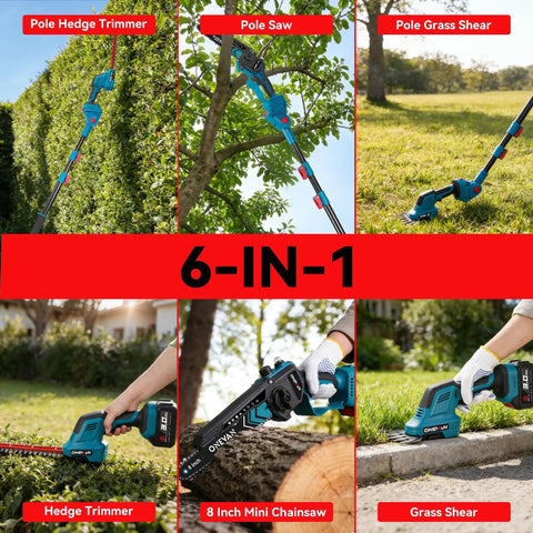 Six In One Cordless Pole Saw And Hedge Trimmer With Long Reach Telescopic Pole For Tree Trimming And Bush Pruning, Kit Display