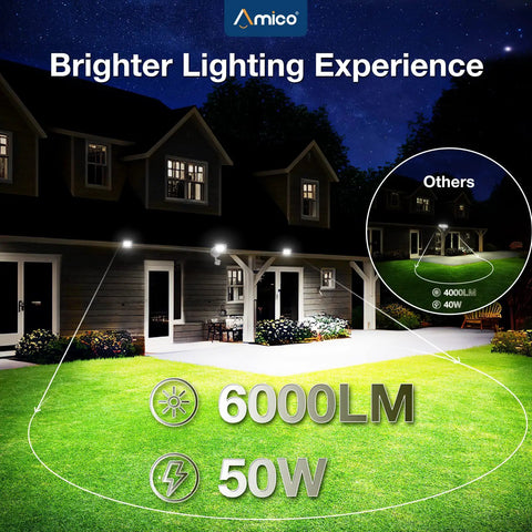 LED Motion Sensor Security Flood Light With 50W 6000LM 6500K IP65 Waterproof illuminating house exterior at night