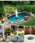 Sun Powered Bird Bath Water Fountain Pump Kit With 6 Nozzles And Free Standing Solar Panel in various garden settings