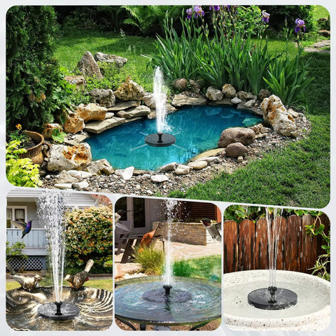 Sun Powered Bird Bath Water Fountain Pump Kit With 6 Nozzles And Free Standing Solar Panel in various garden settings