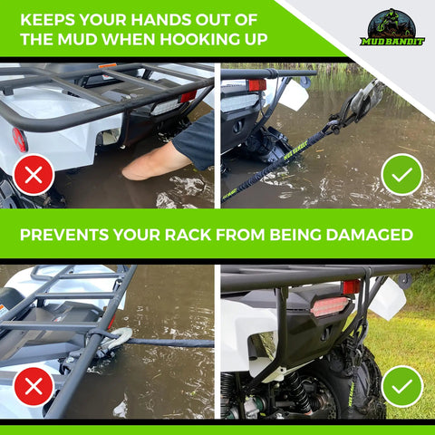Two Foot ATV Recovery Strap with Winch Hook and D Ring Shackle for Four Wheelers and Quads 17600 Pound Synthetic Rope in use