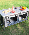 Foldable Camping Table With Storage, Ultra Portable Kitchen Table, Lightweight And 3 Height Adjustable with food on top