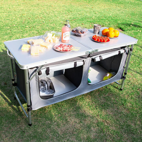 Foldable Camping Table With Storage, Ultra Portable Kitchen Table, Lightweight And 3 Height Adjustable with food on top