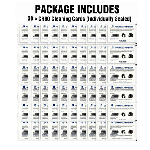 Universal Card Printer Cleaning Kit With Fifty Cr80 Maintenance Cards To Wash Dust Off Transport Rollers And Printheads Keeping Your Thermal Id Imager Running Slick With Zero Sweat And Straight Up Reliable Results Daily, 50 individually sealed cleaning cards.