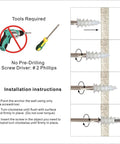 Installation guide for Self Drilling Drywall Anchors And Screws Kit, no pre-drilling required, screwdriver illustration and steps