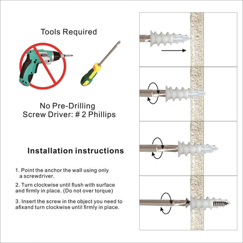 Installation guide for Self Drilling Drywall Anchors And Screws Kit, no pre-drilling required, screwdriver illustration and steps