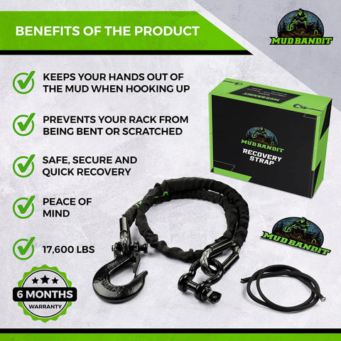 Benefits overview of Two Foot ATV Recovery Strap With Winch Hook And D Ring Shackle For Four Wheelers And Quads 17600 Pound Synthetic Rope.