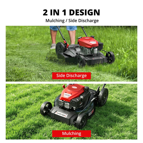 21 Inch Gas Lawn Mower With 140cc Engine 2 In 1 Mulching And Side Discharge 6 Position Height Adjustment Foldable Handles For Easy Yard Care And Garden Maintenance, side discharge