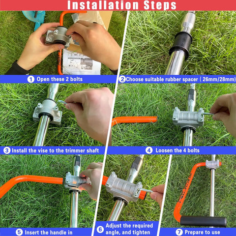 Installation steps for Ergonomic Trimmer Grip With Extension Handle For Weed Wacker And String Trimmer, Orange And Black.
