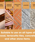 Top Shelf Boiled Linseed Oil For Wood Stone And Metal Rich Natural Finish showcasing various surfaces like indoor and outdoor furniture, terracotta, and stone.