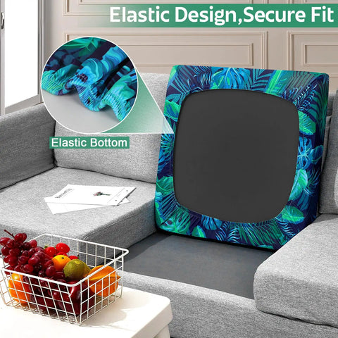 Palm Leaves Patio Cushion Covers Set 8 Pieces Stretch Outdoor Slipcovers For Cushions 20 To 27 Inches on sofa, elastic bottom detail