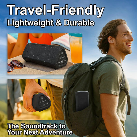 Big Bass Portable Bluetooth Speaker With 14 Watts Of Power And Room-Filling Sound For Outdoors And Home shown on table and in backpack