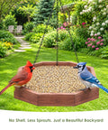 Top Shelf No Mess Wild Bird Seed Mix For Backyard Songbirds Loaded With Hearty Peanuts Rich Safflower And Striped Sunflower To Attract Cardinals Woodpeckers Blue Jays And Colorful Finches From Nine Pound Bag in hanging feeder with cardinal and blue jay.