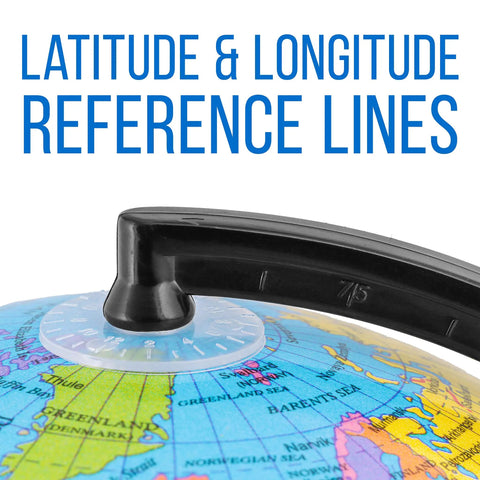 Close-up of Blue Ocean 6 Inch World Globe With Black Base Compact Mini Political Globe For Desk Or Shelf showing latitude lines