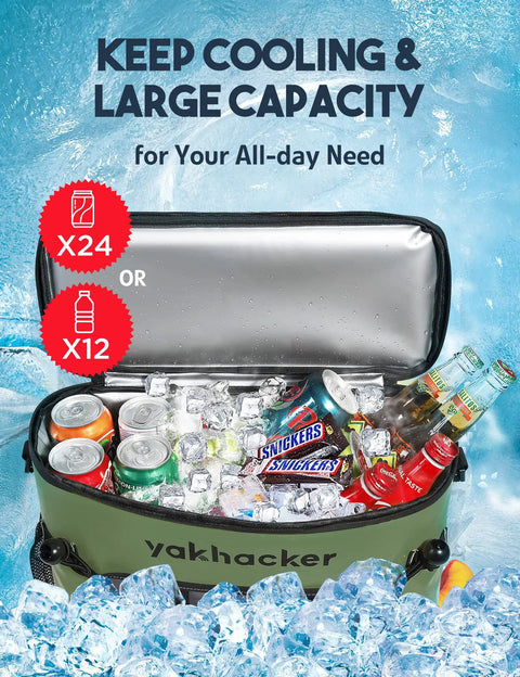 Open Waterproof Kayak Cooler Bag With Seat Back Design filled with drinks and ice, showcasing large capacity and insulation.