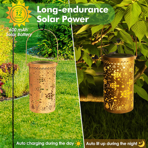 Sea Turtle Solar Lantern Outdoor Light Hanging LED Waterproof Garden Decor For Patio Porch Balcony Yard And Deck, showing day and night use
