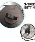3-speed setting dial on 20 Inch High Velocity Garage Floor Fan With Tilt Adjustable Head, 3 Speed Settings, Heavy Duty Industrial And Home Use Cooling, Black SAFF-20