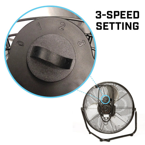 3-speed setting dial on 20 Inch High Velocity Garage Floor Fan With Tilt Adjustable Head, 3 Speed Settings, Heavy Duty Industrial And Home Use Cooling, Black SAFF-20