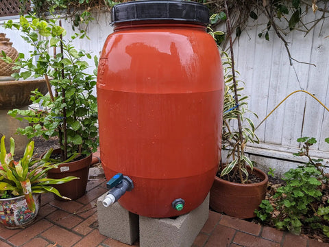 Rain barrel with Three Quarter Inch Drain Valve Plug Kit With Silicone O Ring And Bulkhead Adapter, forest green plug visible.