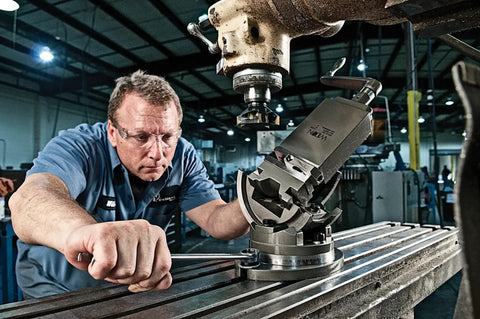 Worker using 3 Axis Precision Tilting Vise With 3 Inch Jaw Width And 3 Inch Opening For Milling And Machining 360 Degree Swivel Base